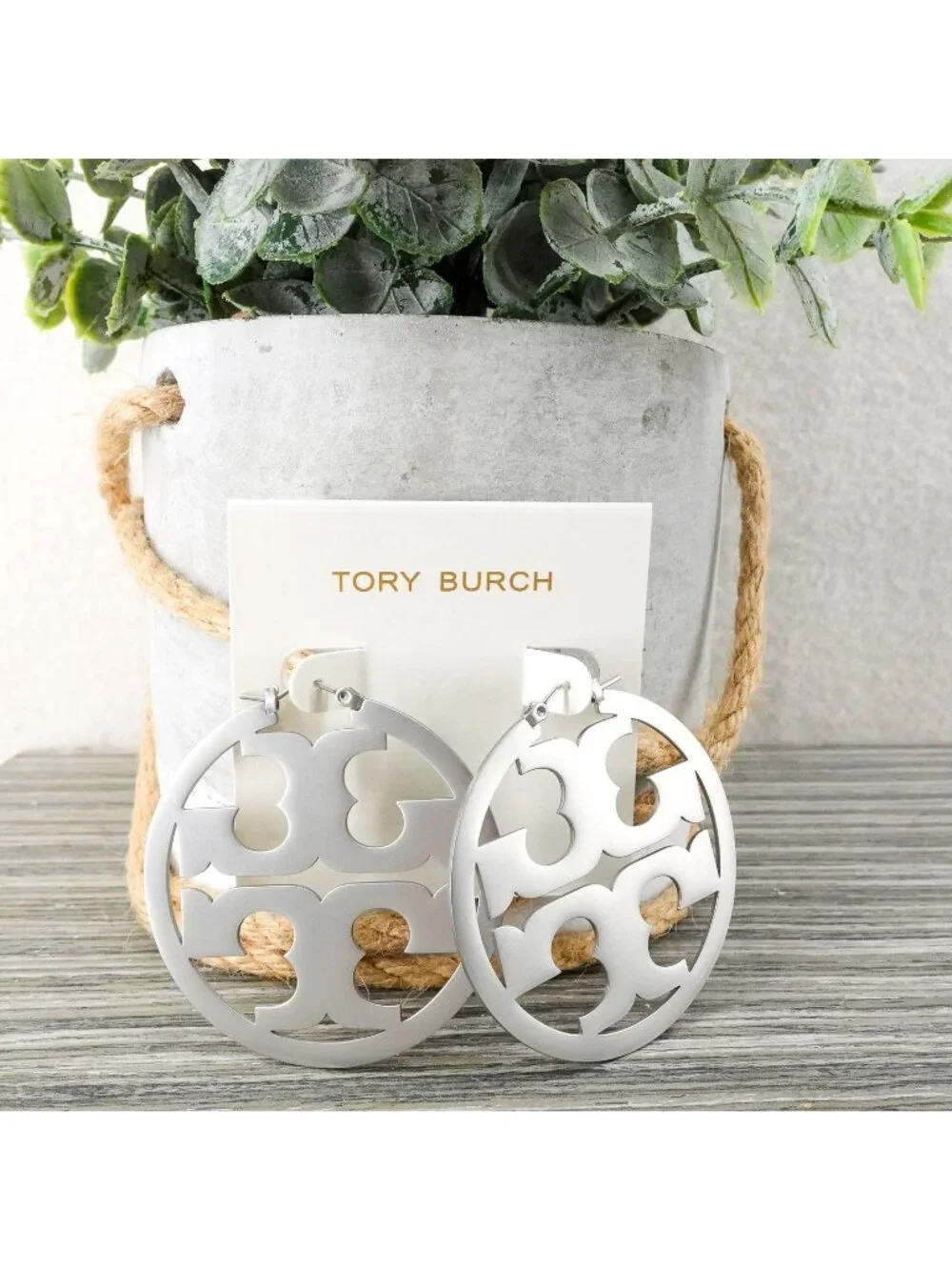 Tory Burch Miller Statement Logo Hoop Earrings Silver OS - Picture 4 of 9